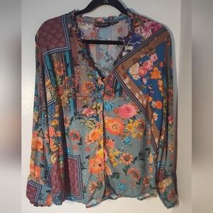 Tolani Collection Multi Floral Tunic Top Shirt Blouse Women Ruffle 100%Modal 561